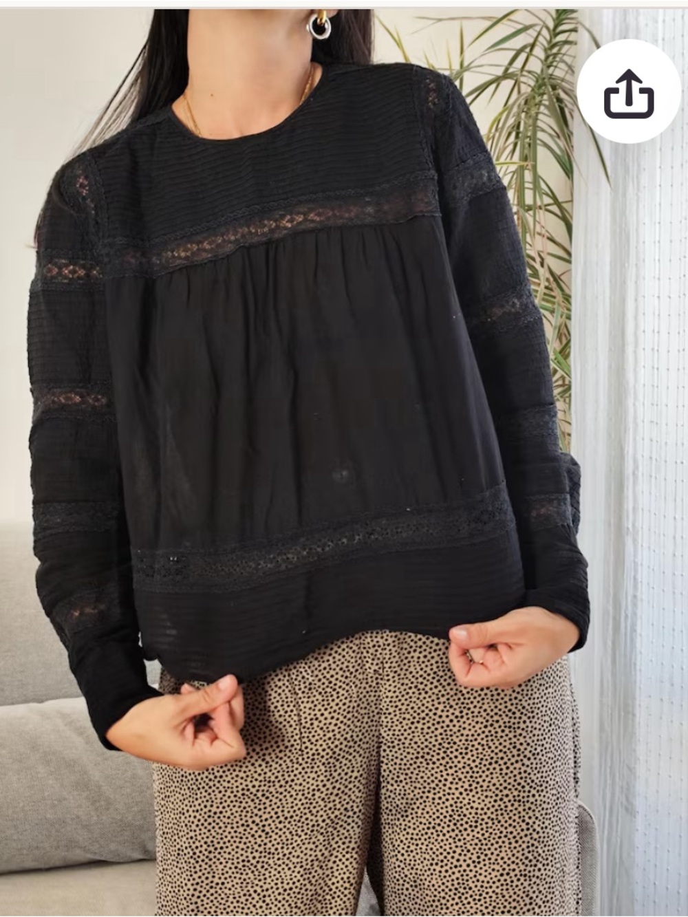 Isabel Marant Black Lace-Trim Long Sleeve Blouse